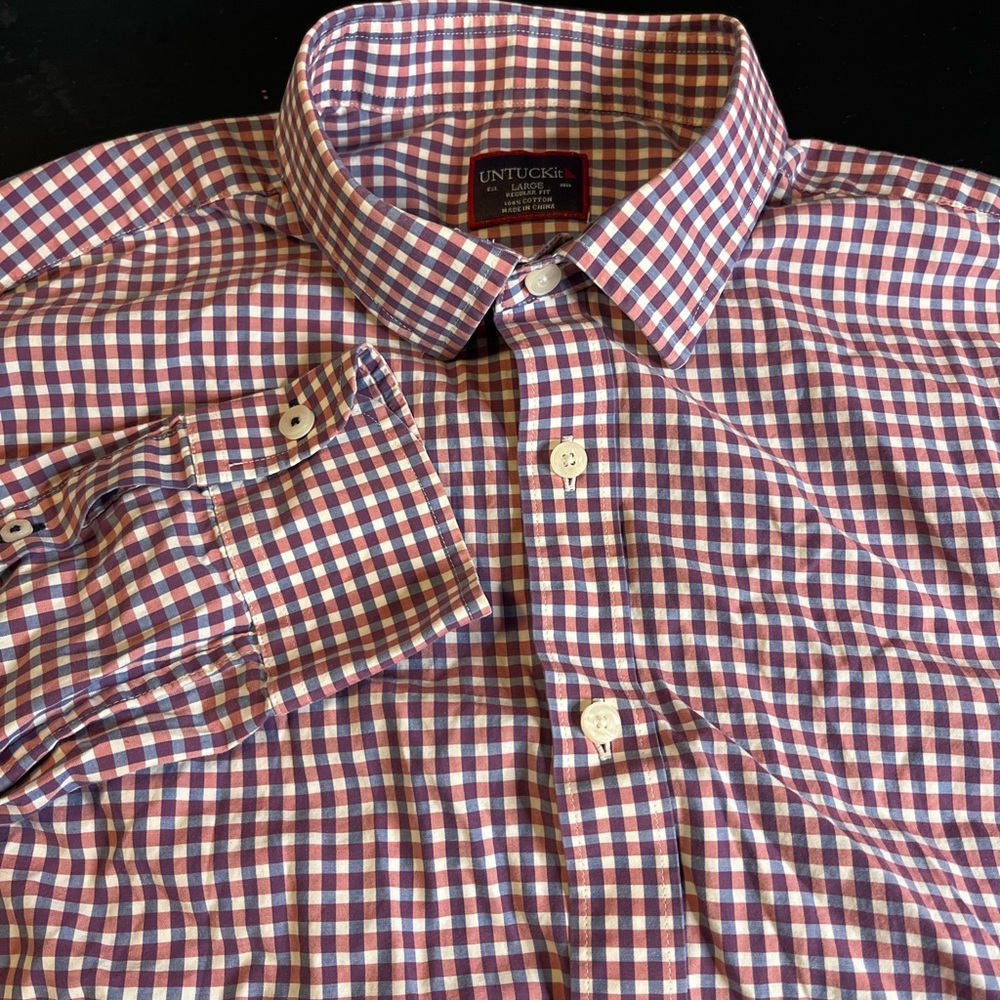 UNTUCKit Men's Large Cotton Red/White/Blue Plaid Long Sleeve Button Front Shirt